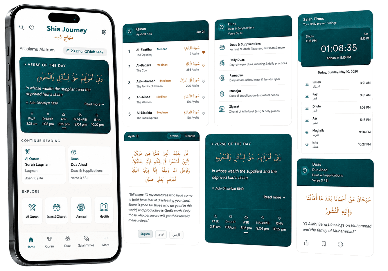 Shia Journey Android app screens for Quran, duas, salah times, verse detail and widgets